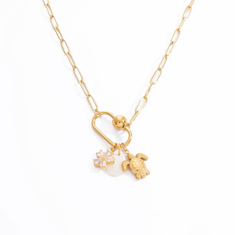 Wholesale Trendy 18K Gold Plated Turtle Charm Pendant Necklace Classic Simple Heart Shape Stainless Steel Chain Pearl Fashion