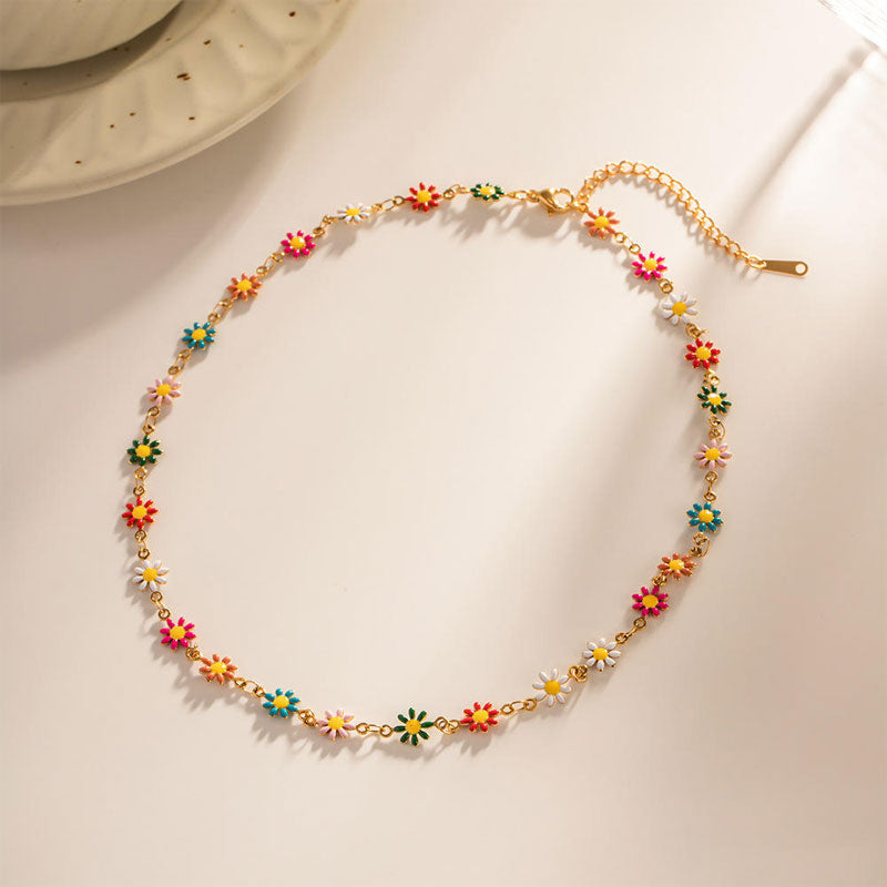 Gold Plated Colorful Flower Oil Dripping Pendant Non-fading Necklace Autumn and Winter Rural Sweater Chain Enamel Daisy Jewelry
