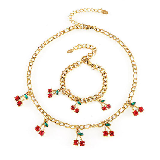 Trendy Anti Tarnish Gold Necklace 18K Real Stainless Steel Red Cherry Station Necklace Set for Women Girls