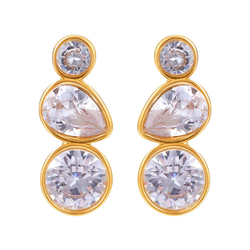 New High End 18K Gold Plated Round Teardrop 3 Zirconia Tassel Stud Earring Stainless Steel Earrings Gold Jewelry