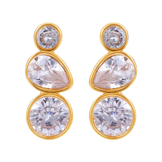 New High End 18K Gold Plated Round Teardrop 3 Zirconia Tassel Stud Earring Stainless Steel Earrings Gold Jewelry