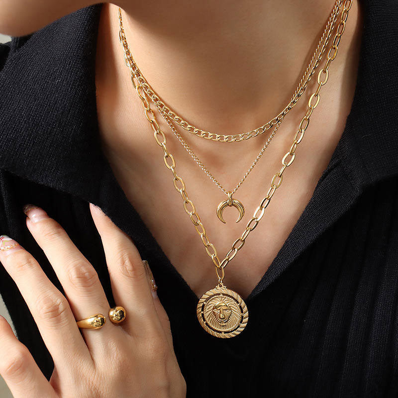 18k Gold Plated Statement Moon Lion Head Necklace Multi Layered Choker Necklace Stainless Steel Jewelry for Women