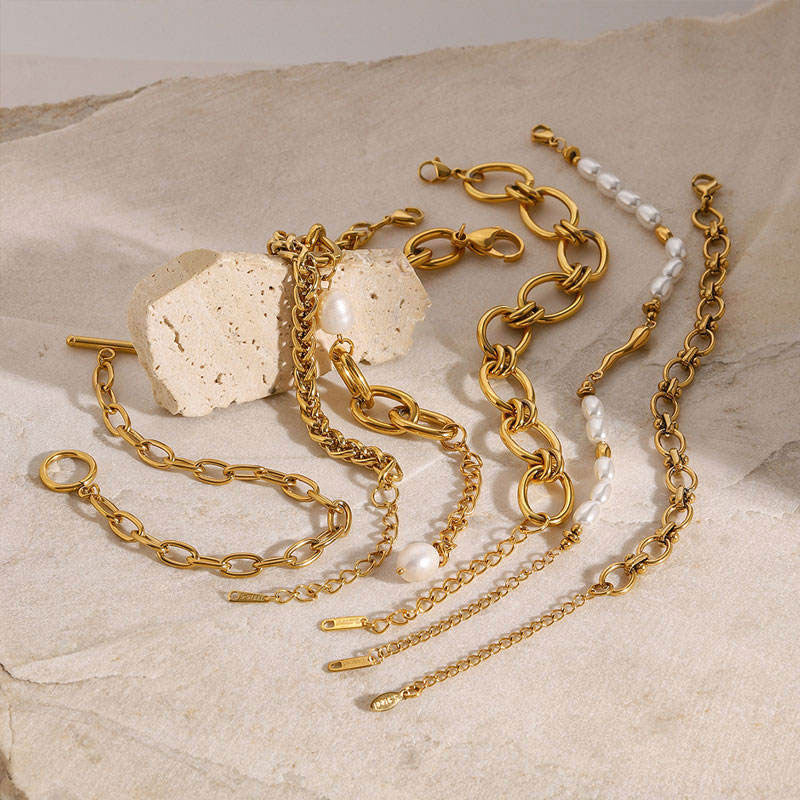 Minimalist Anti Tarnish Fine Chain Link Luxury Stainless Steel Dainty Chain Pearl Bracelet for Women
