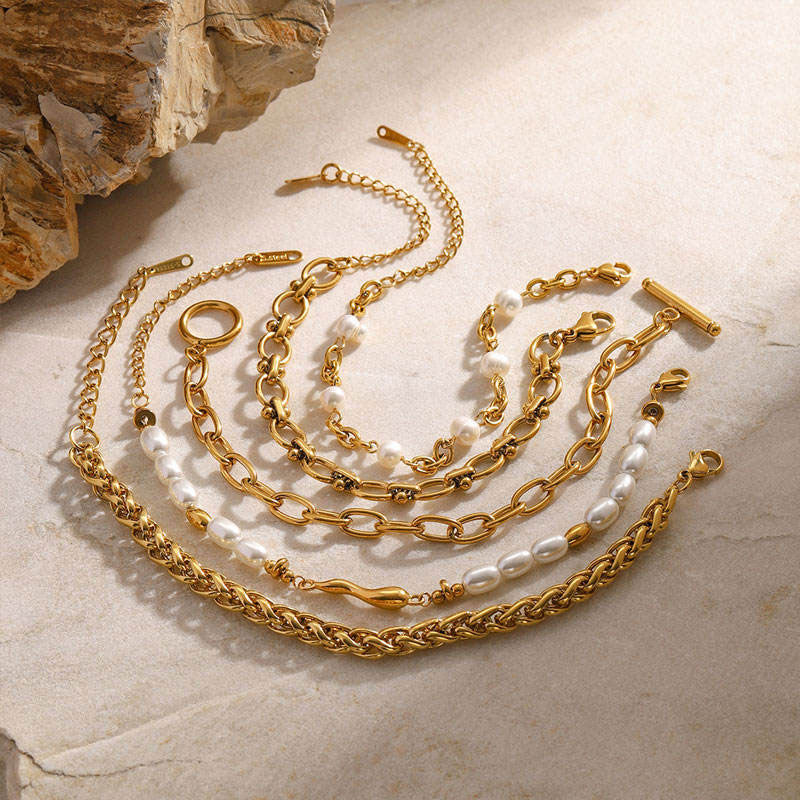 Minimalist Anti Tarnish Fine Chain Link Luxury Stainless Steel Dainty Chain Pearl Bracelet for Women