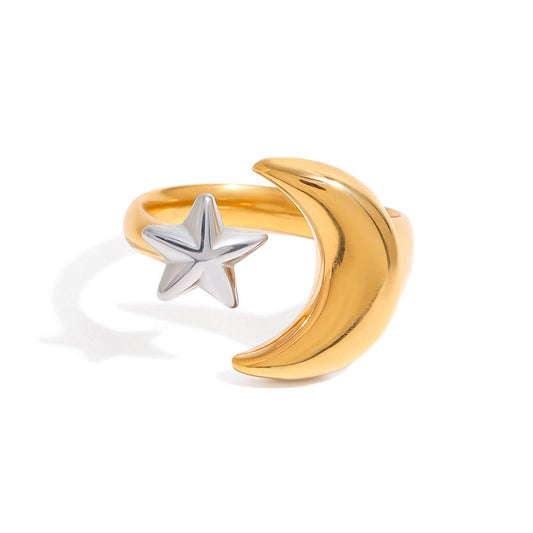 Minimalist 18K Gold Stainless Steel Smooth Color Blocked Star Moon Adjustable Opening Gold-plated Versatile Non Fading Ring