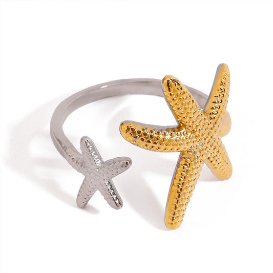 Fashionable Vacation Style Starfish 18K Gold Stainless Steel Ring Color Blocked Asymmetrical Opening Ring