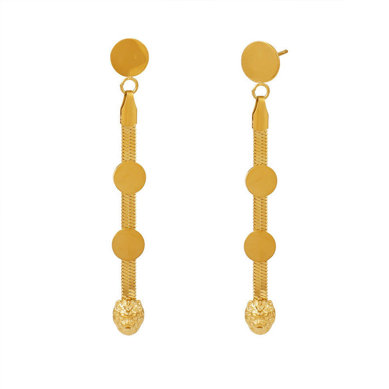 Vintage Stainless Steel 18K Gold Plated Lion Head Blade Chain Tassel Stud Earrings for Women Fashionable Party Jewelry