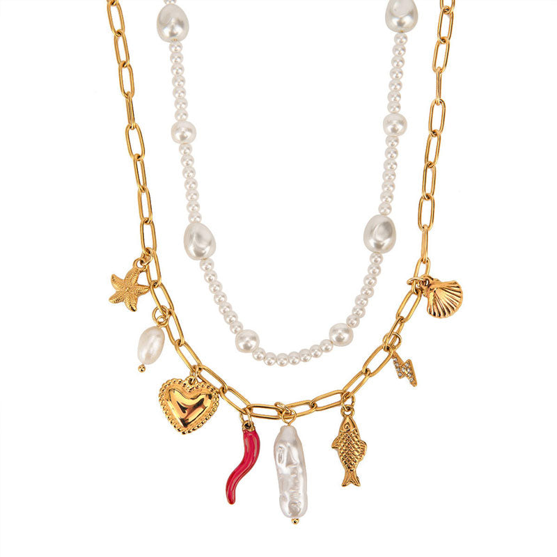 Ocean Style Stainless Steel Pearl Necklace Double Layered and Geometrically Simple Women's Heart-shaped Necklace