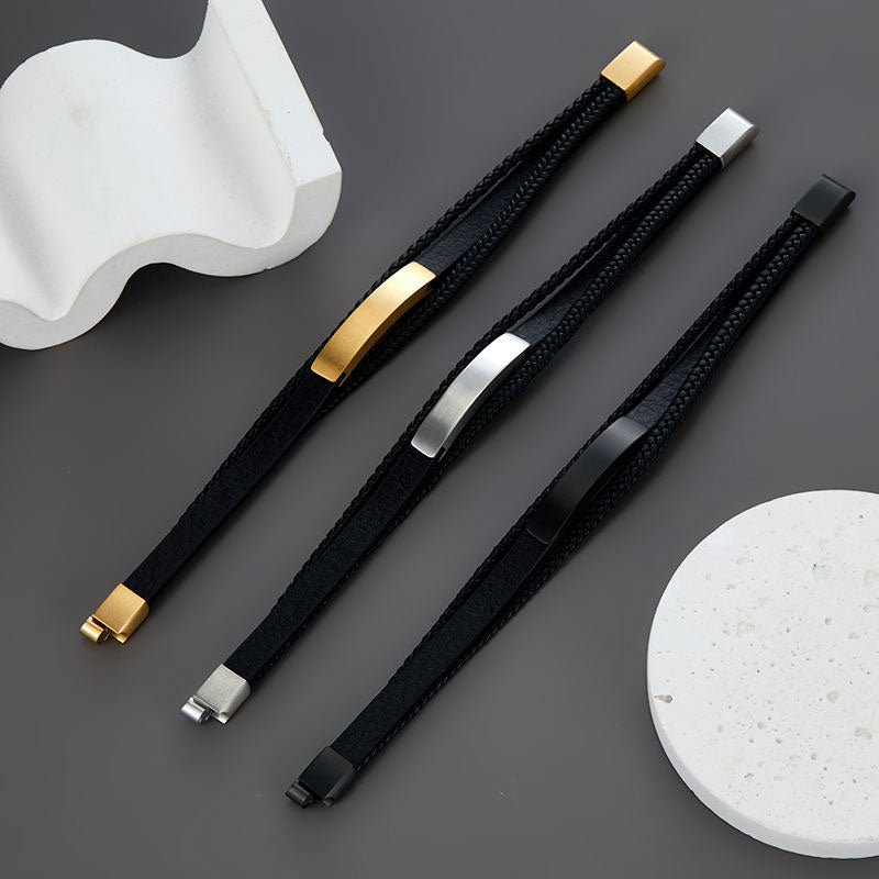 Wholesale New Fashion Custom Logo Stainless Steel Leather Bracelet Gold Plated Braided Style