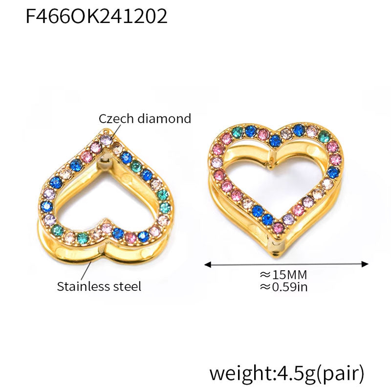 Stainless Steel Mixed Color Zircon Double-sided Earrings 18K Gold Plated Circle Heart Earrings for Women