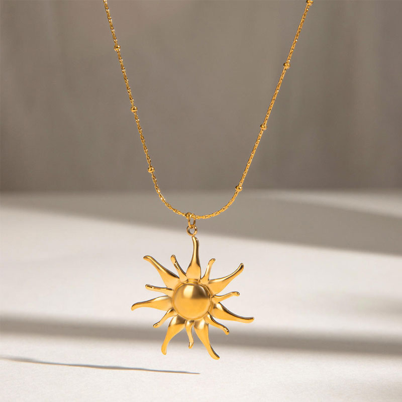Trendy Long Charm Necklace Jewelry Non Tarnish PVD 18K Real Gold Plated Sun Necklace Stainless Steel for Women Men Girls