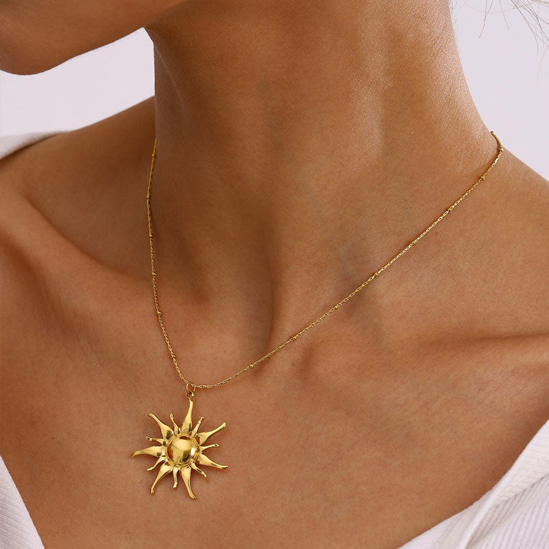 Trendy Long Charm Necklace Jewelry Non Tarnish PVD 18K Real Gold Plated Sun Necklace Stainless Steel for Women Men Girls