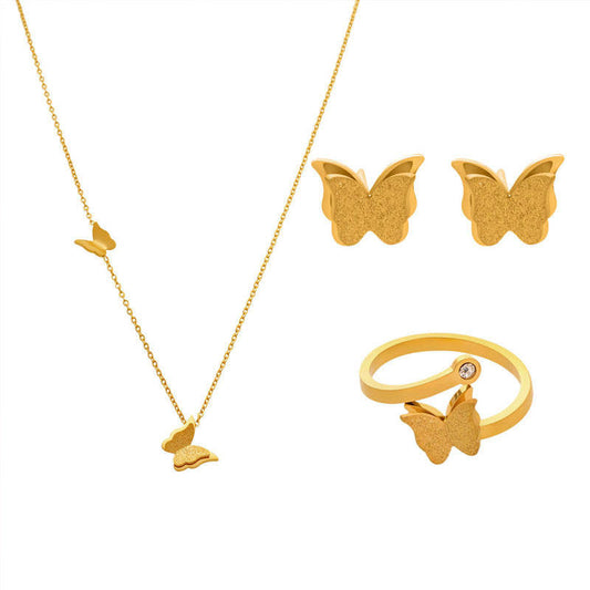 Casual Anti Tarnish Gold Necklace 18K Real Stainless Steel Butterfly Necklace Set for Women Girls