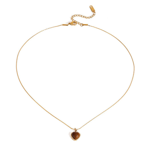 Fashionable Stainless Steel Heart-shaped tiger Eye Stone Necklace Simple and Versatile Heart-shaped Gold Necklace for Women