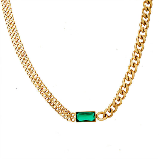 Anti Tarnish Gold Jewelry Necklace 24k Dubai Stainless Steel Zircon Chain Emerald Cut Stone Necklace for Women Men Girls