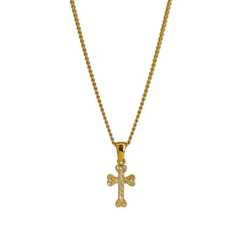 Religious Stainless Steel Necklace with Chain Pendant Fashion 14K 21K Solid Gold Cross Lab Diamond Stone Necklace for Women Men