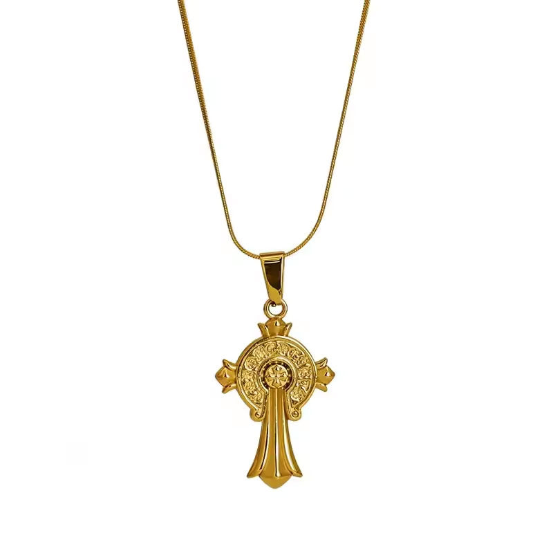 Religious Stainless Steel Necklace with Chain Pendant Fashion 14K 21K Solid Gold Cross Lab Diamond Stone Necklace for Women Men