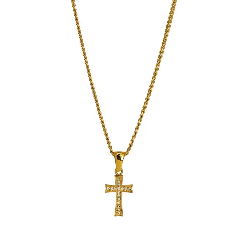 Religious Stainless Steel Necklace with Chain Pendant Fashion 14K 21K Solid Gold Cross Lab Diamond Stone Necklace for Women Men