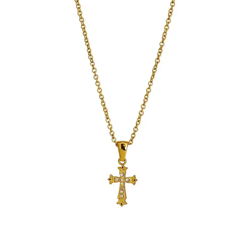 Religious Stainless Steel Necklace with Chain Pendant Fashion 14K 21K Solid Gold Cross Lab Diamond Stone Necklace for Women Men