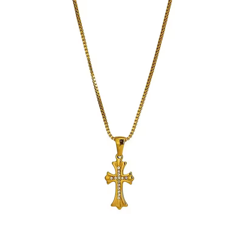 Religious Stainless Steel Necklace with Chain Pendant Fashion 14K 21K Solid Gold Cross Lab Diamond Stone Necklace for Women Men