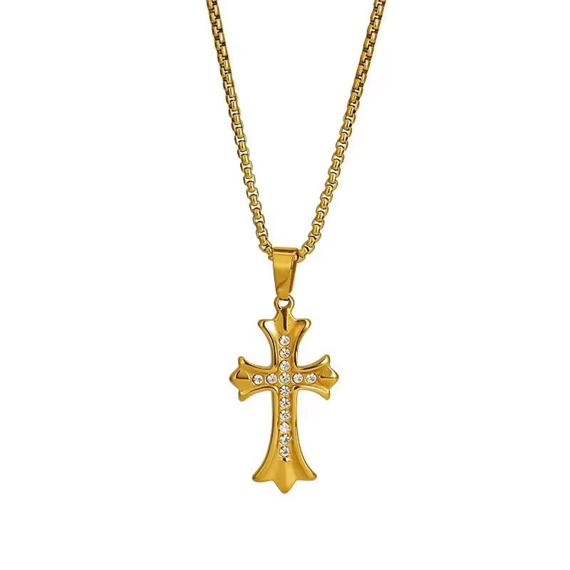 Religious Stainless Steel Necklace with Chain Pendant Fashion 14K 21K Solid Gold Cross Lab Diamond Stone Necklace for Women Men
