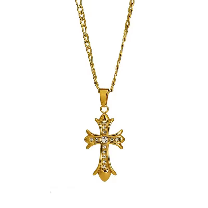 Religious Stainless Steel Necklace with Chain Pendant Fashion 14K 21K Solid Gold Cross Lab Diamond Stone Necklace for Women Men