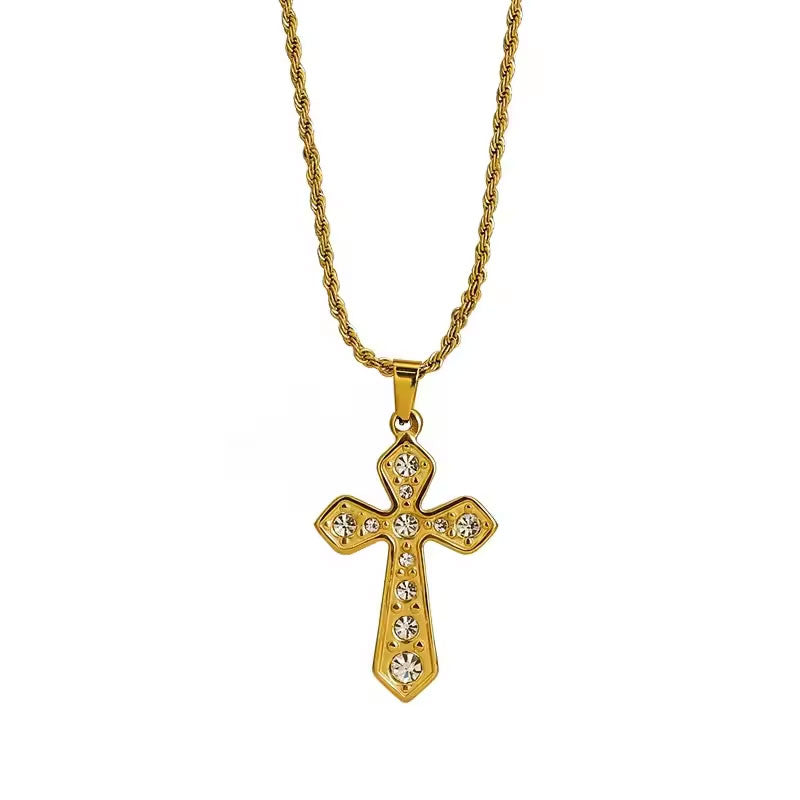 Religious Stainless Steel Necklace with Chain Pendant Fashion 14K 21K Solid Gold Cross Lab Diamond Stone Necklace for Women Men