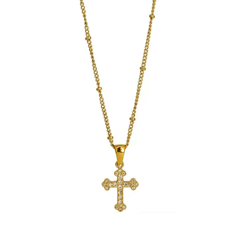 Religious Stainless Steel Necklace with Chain Pendant Fashion 14K 21K Solid Gold Cross Lab Diamond Stone Necklace for Women Men