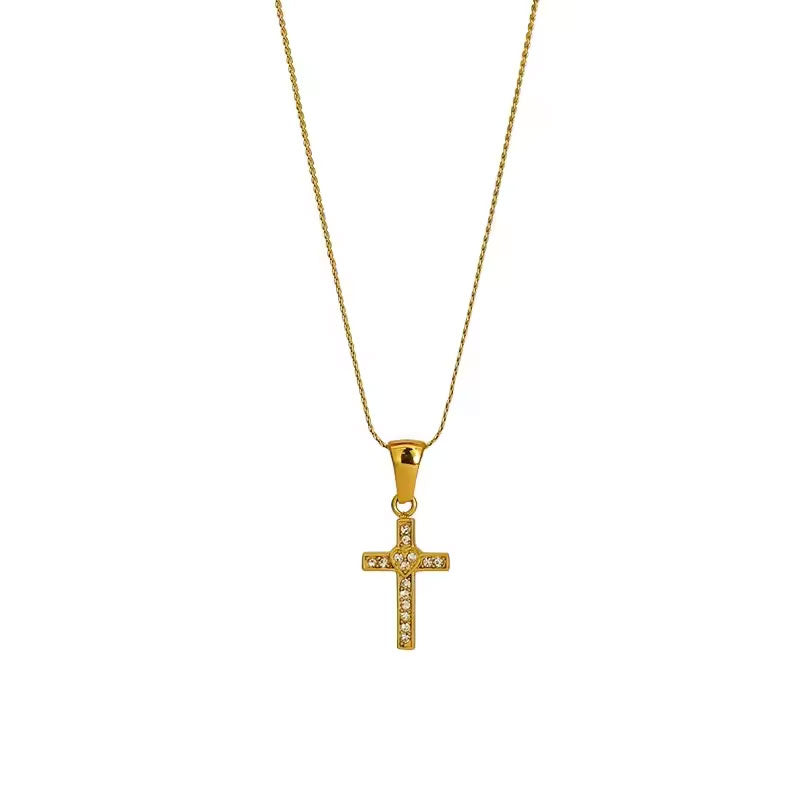 Religious Stainless Steel Necklace with Chain Pendant Fashion 14K 21K Solid Gold Cross Lab Diamond Stone Necklace for Women Men