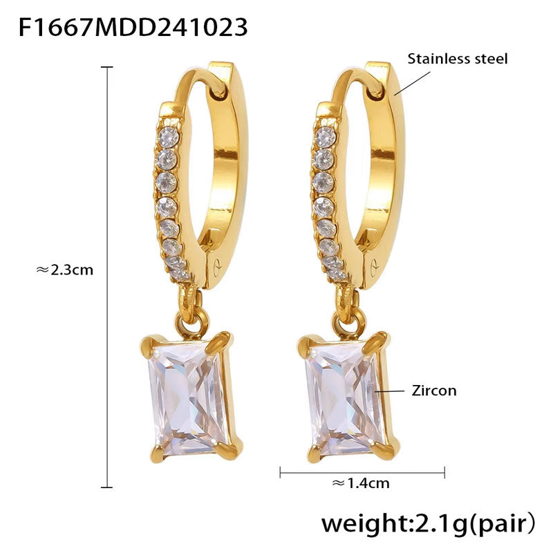 Square Pendant Zircon Earrings Joyas De Acero Inoxidable Al Por Mayor Stainless Steel 18K Gold-plated Fashionable Earrings