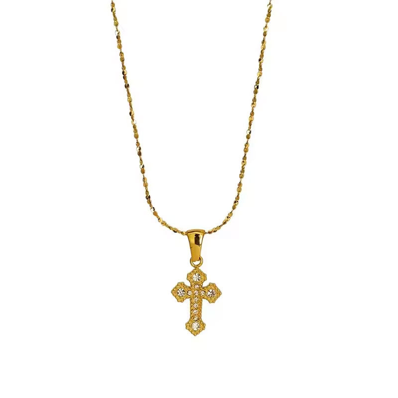 Religious Stainless Steel Necklace with Chain Pendant Fashion 14K 21K Solid Gold Cross Lab Diamond Stone Necklace for Women Men
