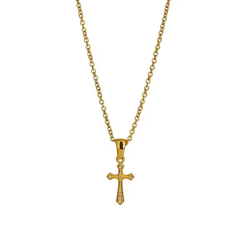 Religious Stainless Steel Necklace with Chain Pendant Fashion 14K 21K Solid Gold Cross Lab Diamond Stone Necklace for Women Men