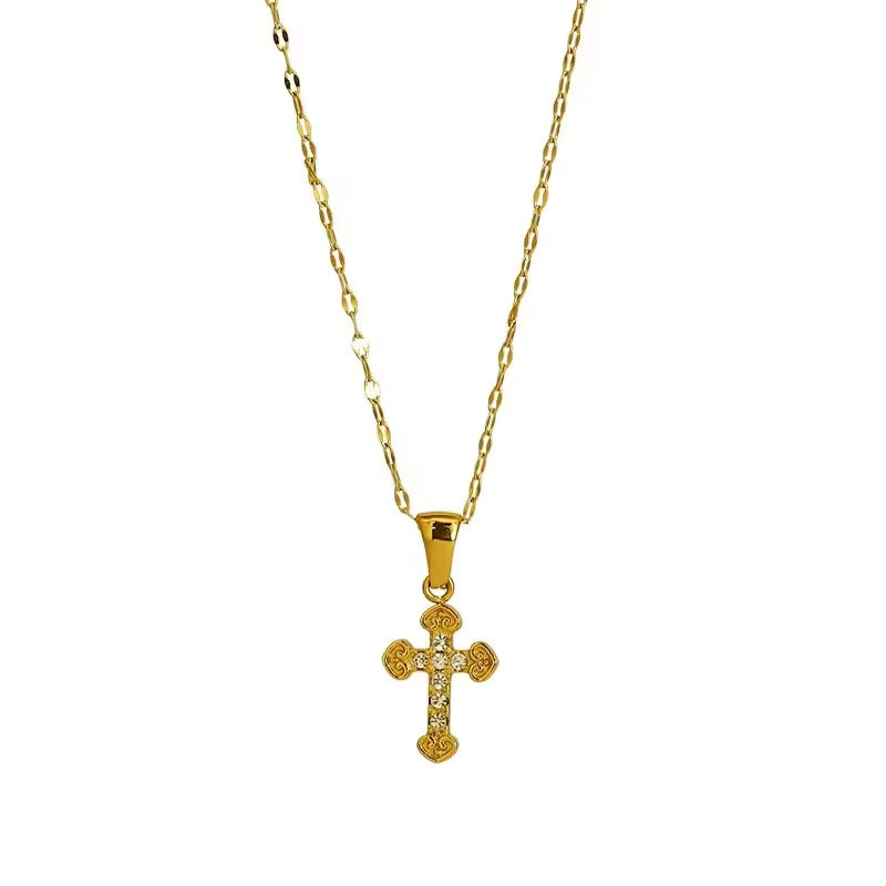 Religious Stainless Steel Necklace with Chain Pendant Fashion 14K 21K Solid Gold Cross Lab Diamond Stone Necklace for Women Men