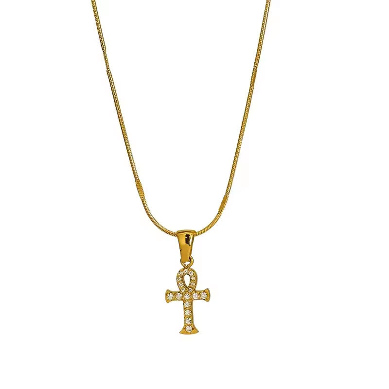 Religious Stainless Steel Necklace with Chain Pendant Fashion 14K 21K Solid Gold Cross Lab Diamond Stone Necklace for Women Men