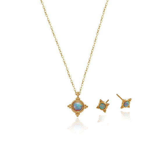 Minimalist Anti Tarnish Gold Necklace 18K Real Stainless Steel Opal Necklace Set for Women Men Girls