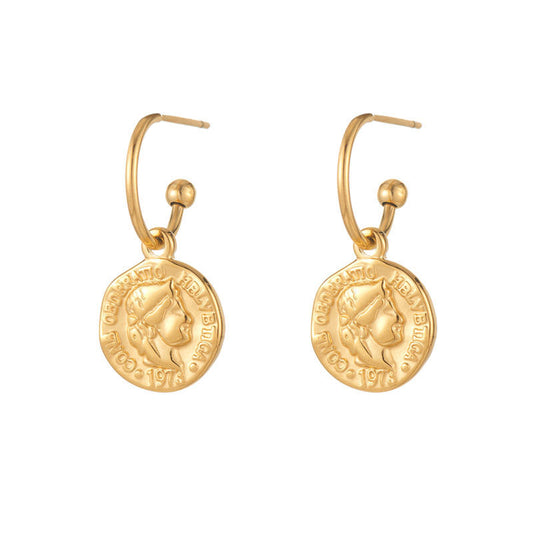 Fashion Design High Quality Wholesale Waterproof Stainless Steel PVD 18K Gold Plated Coin Earrings