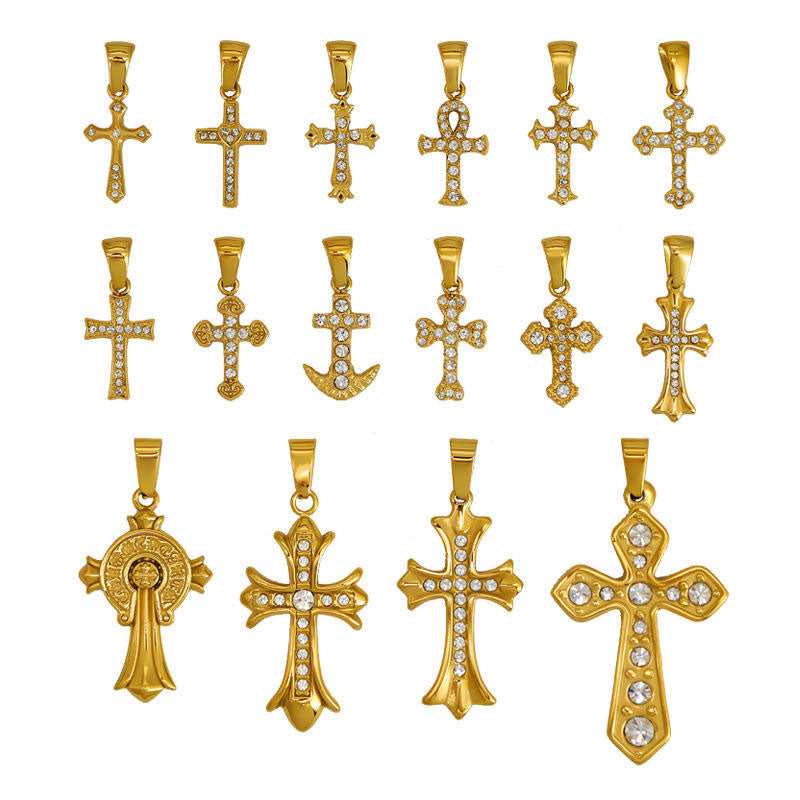 Religious Stainless Steel Necklace with Chain Pendant Fashion 14K 21K Solid Gold Cross Lab Diamond Stone Necklace for Women Men