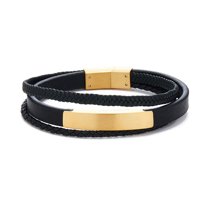 Wholesale New Fashion Custom Logo Stainless Steel Leather Bracelet Gold Plated Braided Style