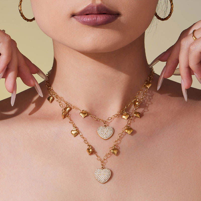 Romantic Anti Tarnish Dubai Stainless Steel 14k 18k Gold Plated Bridal Fine Heart Zircon Pendant Necklace for Women