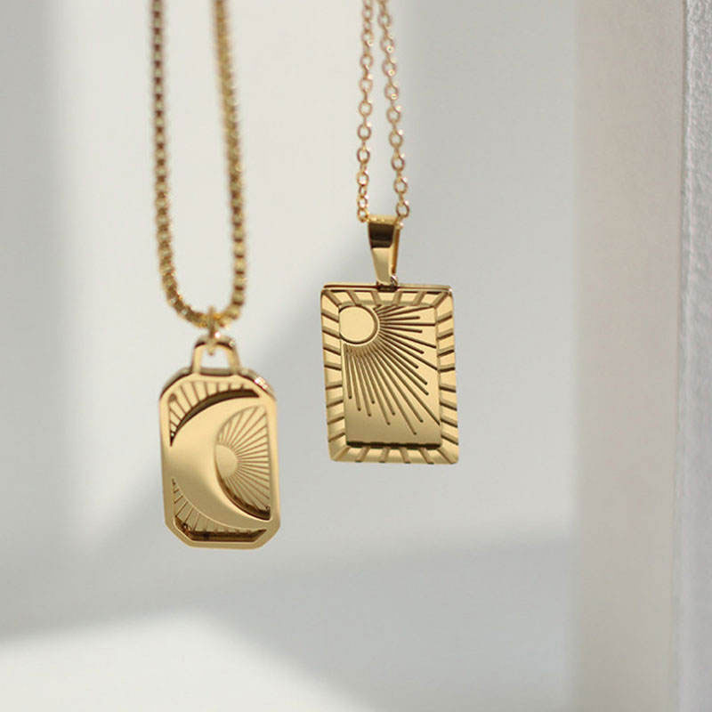 High End Waterproof Necklace Non Tarnish Long Designer Stainless Steel 18k Gold Plated Sun Moon Pendant Necklace for Men Women