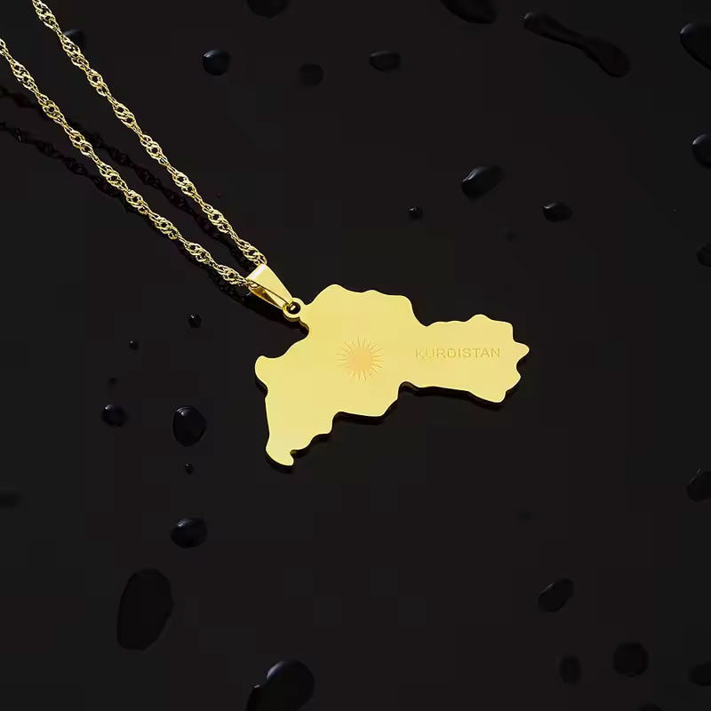 Trendy Anti Tarnish Gold Necklace 18K Real Stainless Steel Map Pendant Kurdistan Necklace for Women Men Girls