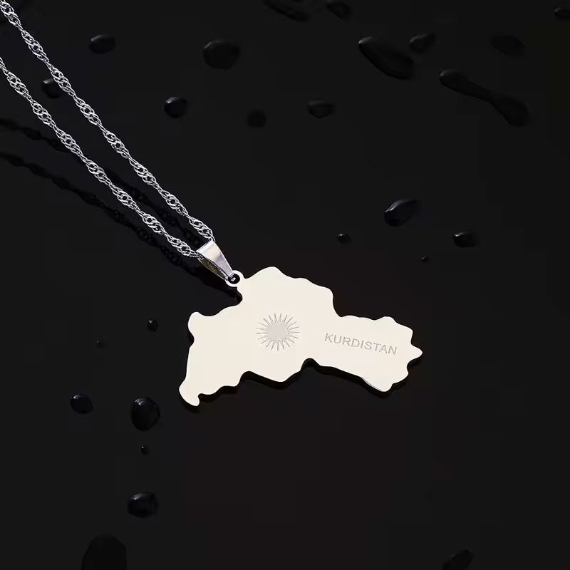 Trendy Anti Tarnish Gold Necklace 18K Real Stainless Steel Map Pendant Kurdistan Necklace for Women Men Girls