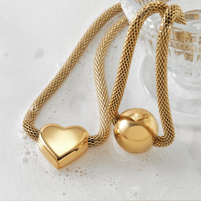 Retro Fashion Heart Metal Charm Chunky Stainless Steel Necklace Statement Chain Big Ball Pendant Gold Plated J