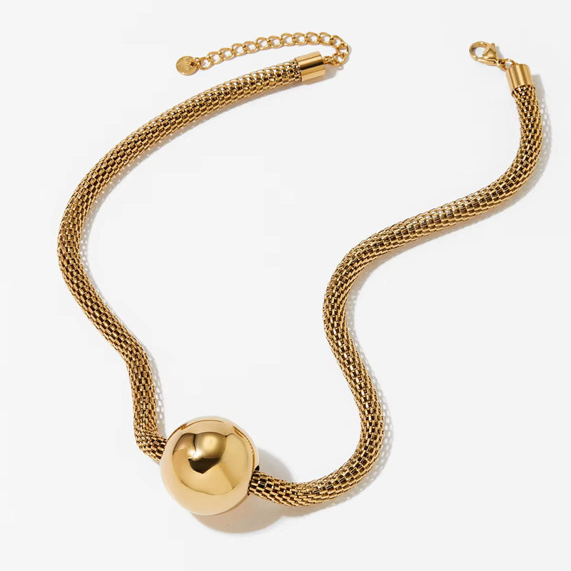 Retro Fashion Heart Metal Charm Chunky Stainless Steel Necklace Statement Chain Big Ball Pendant Gold Plated J