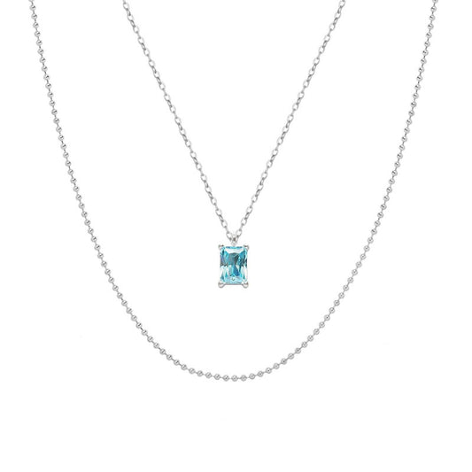 Minimally Designed Ocean Style Blue Diamond Necklace With Double Layered Chain Diamond Stainless Steel That Does Not Fade