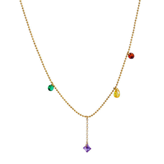 Colorful Diamond Tassel Necklace White Diamond Bead Chain Versatile Summer Accessory 18K Gold Plated Stainless Fashion Jewelry