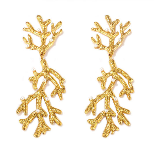 Vintage Jewelry New Arrival 18K PVD Stainless Steel Waterproof Shell Bead Texture Coral Shaped Shape Hoop Earrings for Women