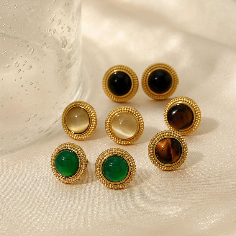 Exquisite Natural Stone Stainless Steel Round Small Stud Earrings Waterproof Trendy High Quality Daily Jewelry Bijou