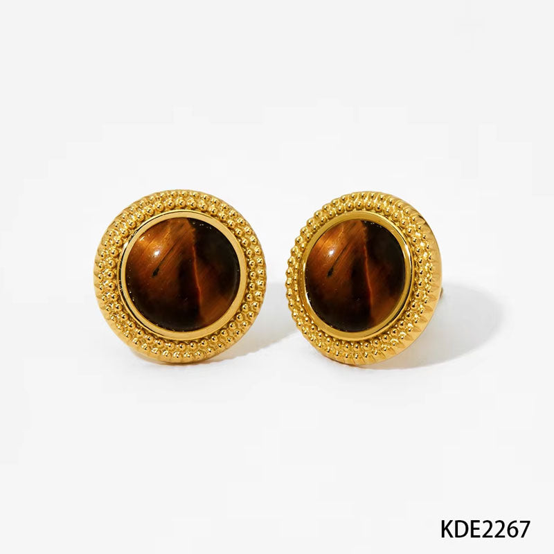 Exquisite Natural Stone Stainless Steel Round Small Stud Earrings Waterproof Trendy High Quality Daily Jewelry Bijou