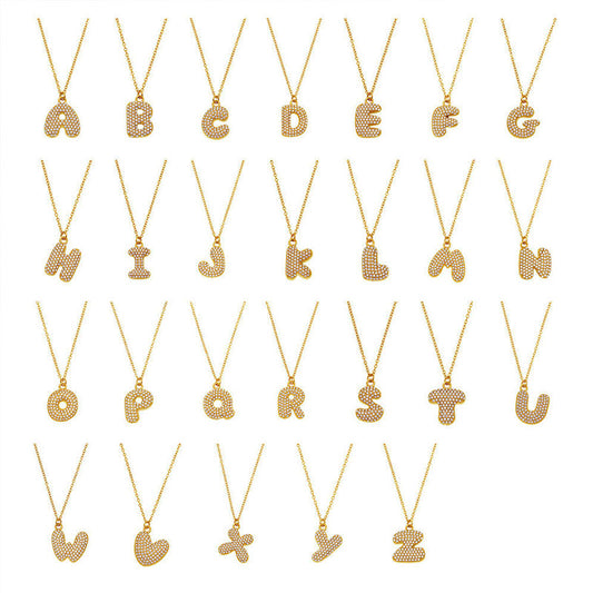 26 Letter Exaggerated Zircon Pendant Necklace Luxury PVD 18K Gold Plated 316L Stainless Steel Bubble Letter Charms Necklaces